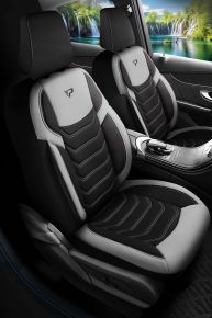 Sada látkových autopoťahov Manavgat čierno-sivej farby s moderným prešívaním, kompatibilná s LANCIA DELTA