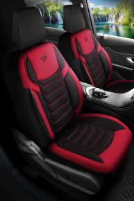 Sada látkových autopoťahov Manavgat čierno‑červenej farby s moderným prešívaním, kompatibilná s ISUZU TROOPER